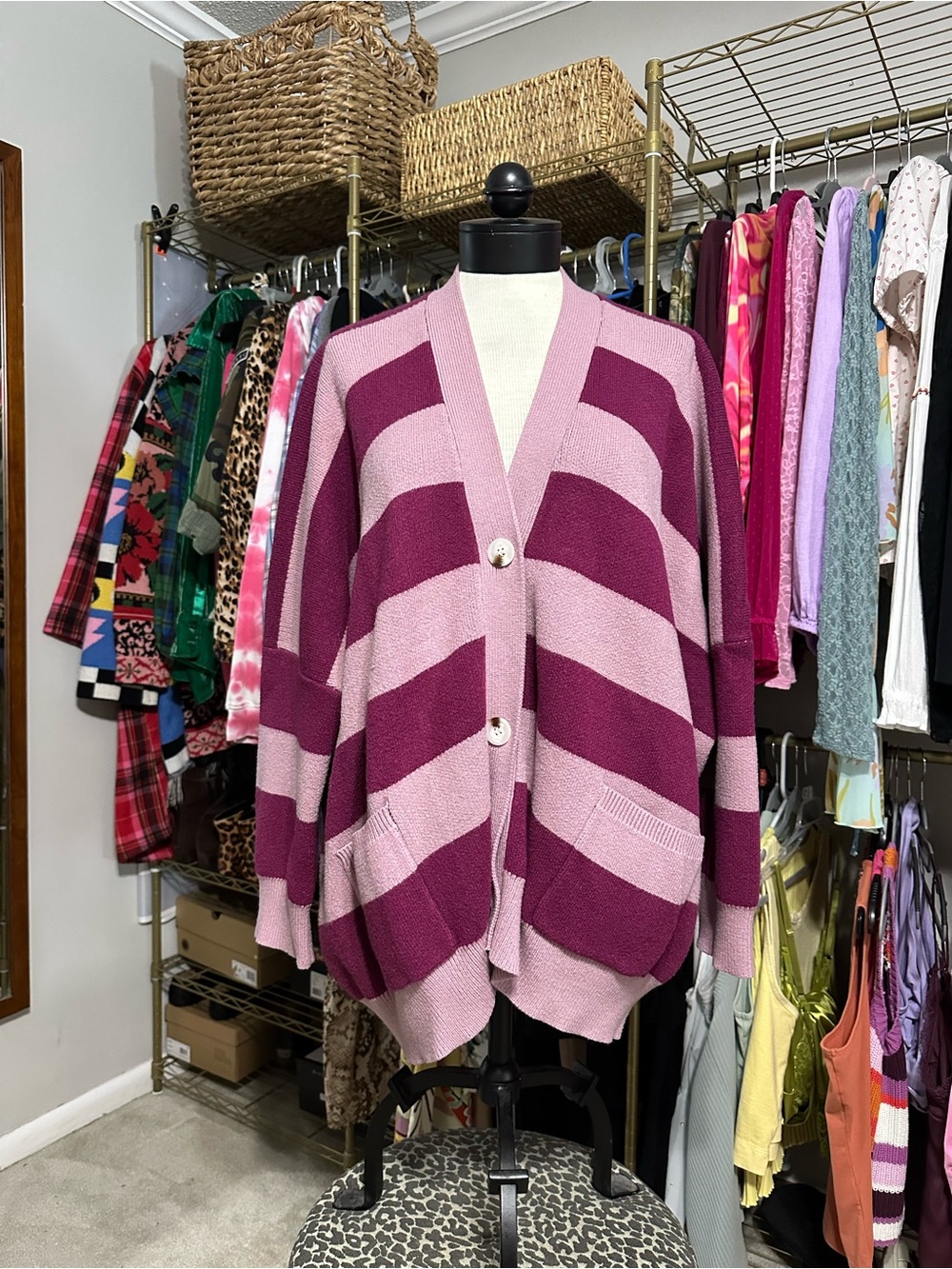 Dressed in LALA Oversized Diagonal Stripe Cardigan in Light Pink & Berry
